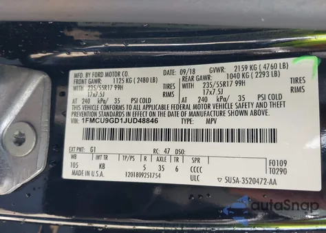 2018 Ford Escape Se from USA, damaged, VIN 1FMCU9GD1JUD48846